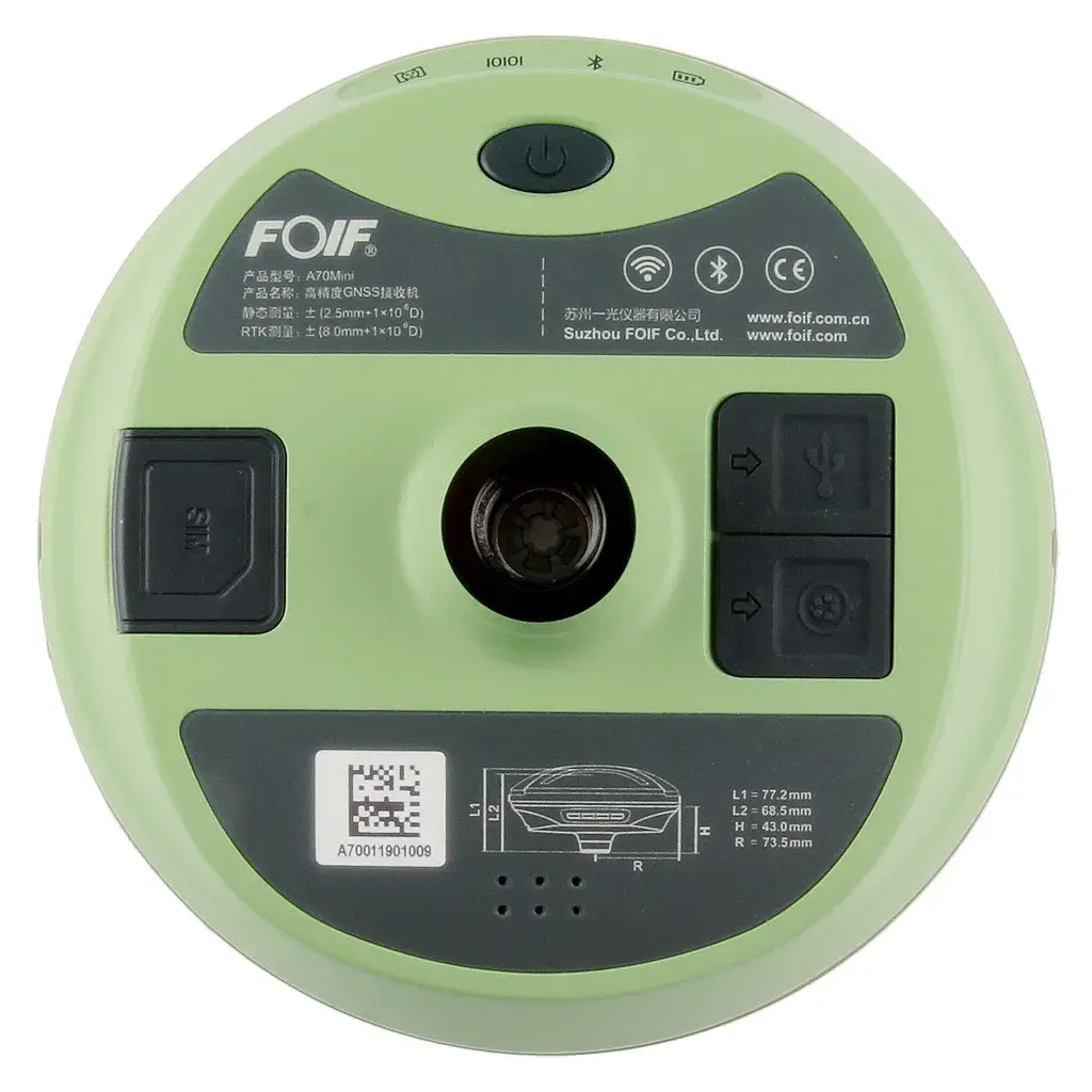 En GNSS-mottagare, modell A70 Mini, undersida